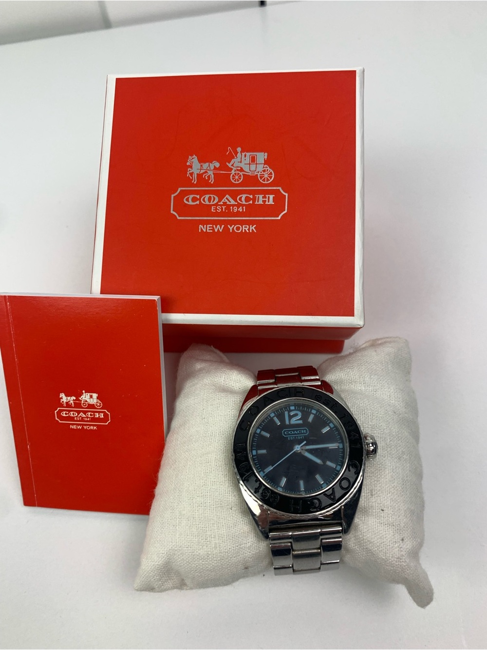 Coach Wrist Watch Andee Unisex Boyfriend Analog Quartz Black Blue Large Silver - Picture 4 of 6